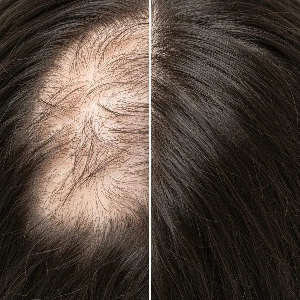 comparative image showing what does hair look like before and after having trichotillomaia. Irregular broken hair on the left, smooth healthy scalp on the right