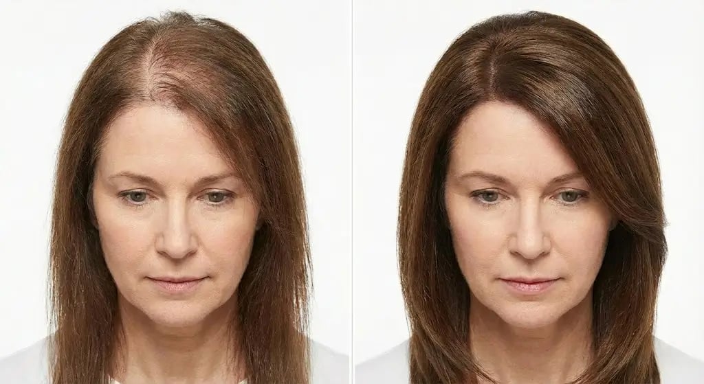 Ultra-realistic clinical comparison showing menopause-related hair loss