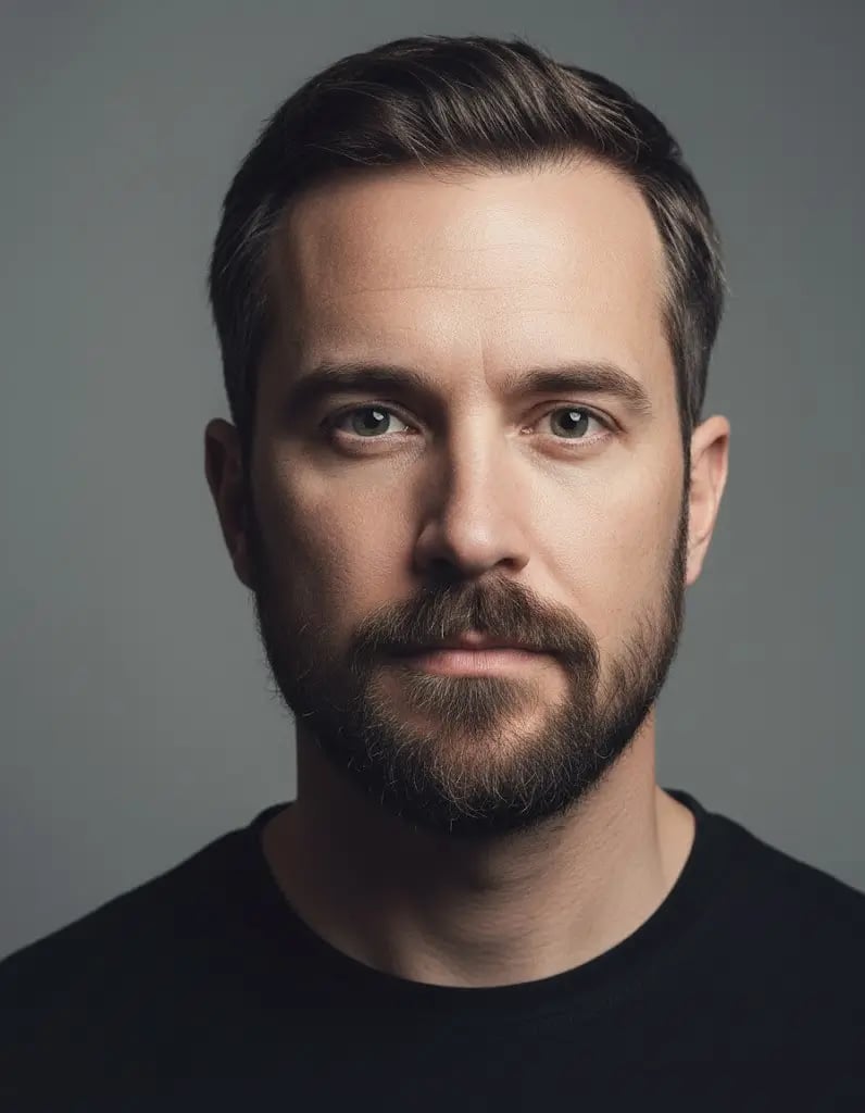 Balbo Ritratto ravvicinato di un uomo con barba Balbo, che mostra la consistenza, la densità e la forma naturali. Illuminazione realistica e sfondo da studio che mettono in risalto i contorni e i dettagli di cura dello stile della barba.