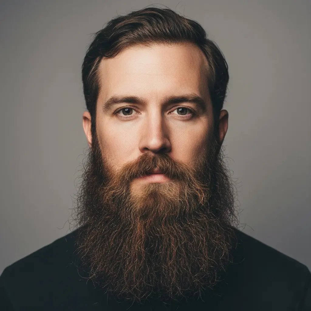 Bandholz Ritratto ravvicinato di un uomo con barba Bandholz, che evidenzia la texture, la densità e la forma naturali. Illuminazione realistica e sfondo da studio che mettono in risalto i contorni e i dettagli della cura dello stile della barba.