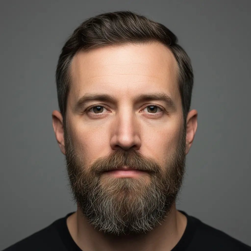 Barba boxed Ritratto ravvicinato di un uomo con barba boxed, che mostra la consistenza, la densità e la forma naturali. Illuminazione realistica e sfondo da studio che mettono in risalto i contorni e i dettagli della cura dello stile della barba.