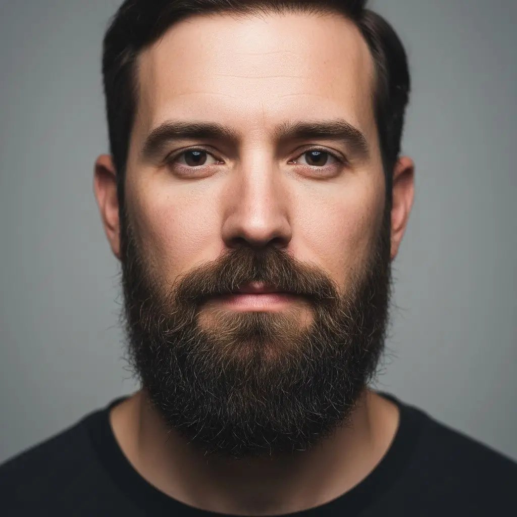 Barba aziendale Ritratto ravvicinato di un uomo con barba aziendale, che mostra la consistenza, la densità e la forma naturali. Illuminazione realistica e sfondo da studio che evidenziano i contorni e i dettagli della cura dello stile della barba.