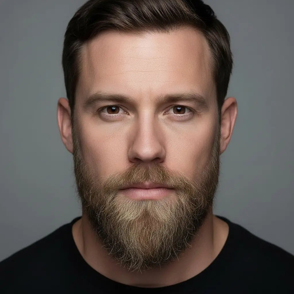 Barba a coda d’anatra Ritratto ravvicinato di un uomo con barba a coda d’anatra, che mostra la consistenza, la densità e la forma naturali. Illuminazione realistica e sfondo da studio che evidenzia i contorni e i dettagli della cura dello stile della barba.