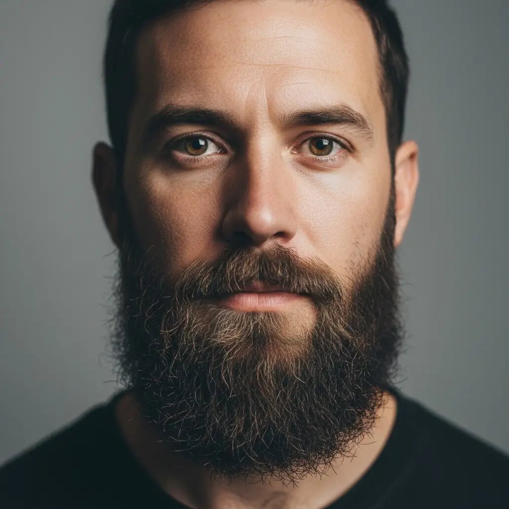 Barba folta Ritratto ravvicinato di un uomo con barba folta, che mostra la consistenza, la densità e la forma naturali. Illuminazione realistica e sfondo da studio che mettono in risalto i contorni e i dettagli di cura dello stile della barba.
