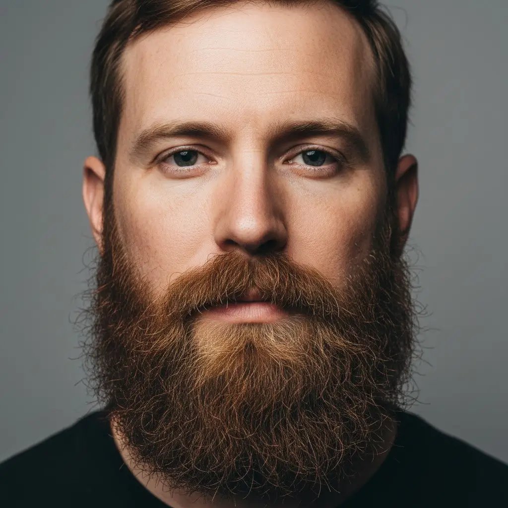 Garibaldi Ritratto ravvicinato di un uomo con barba Garibaldi, che mostra la texture, la densità e la forma naturali. Illuminazione realistica e sfondo da studio che mettono in risalto i contorni e i dettagli di cura dello stile della barba.