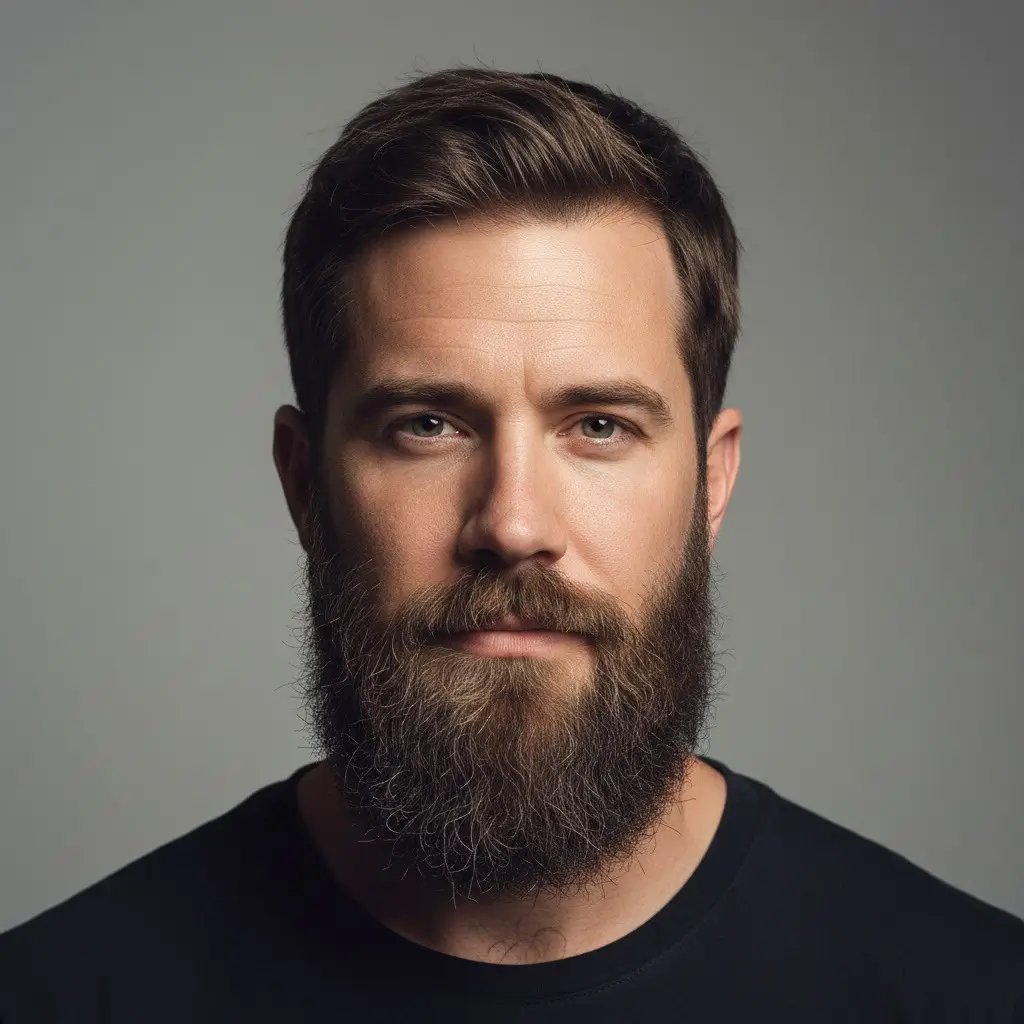 Hollywoodiano Ritratto ravvicinato di un uomo con barba hollywoodiana, che mostra la texture, la densità e la forma naturali. Illuminazione realistica e sfondo da studio che mettono in risalto i contorni e i dettagli della cura dello stile della barba.