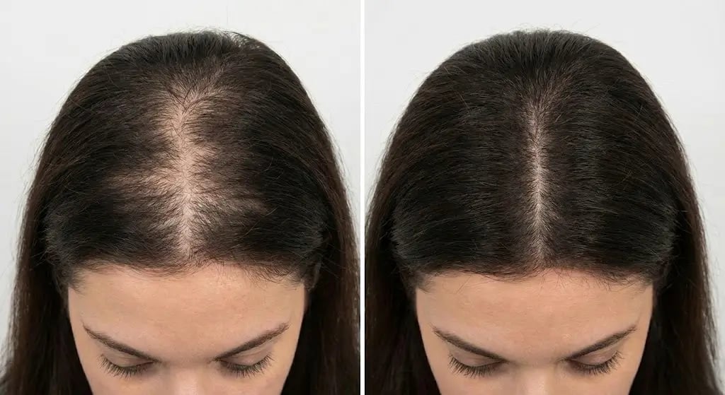 Ultra-realistic clinical comparison showing PCOS-related hair loss