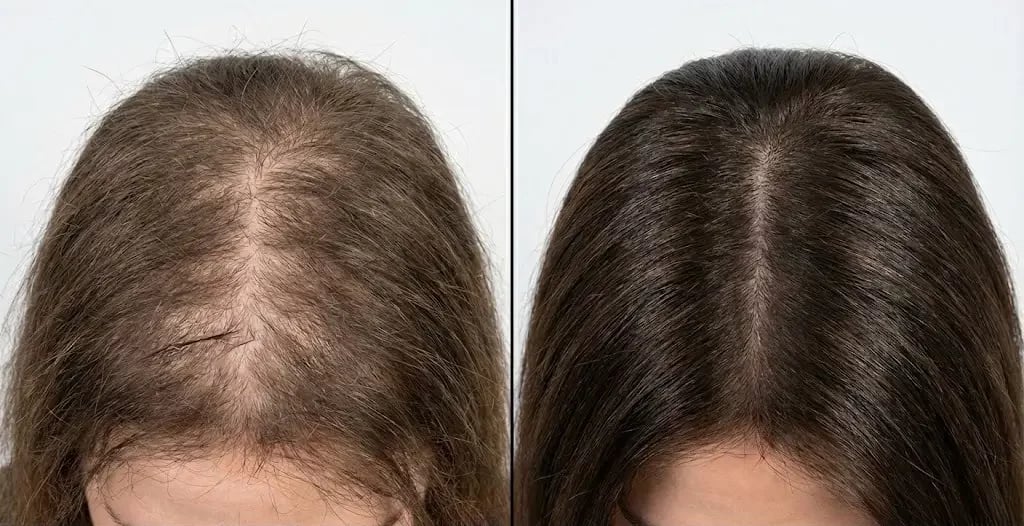 Ultra-realistic clinical comparison showing iron deficiency anemia hair loss Ultra-realistic clinical comparison showing iron deficiency anemia hair loss
