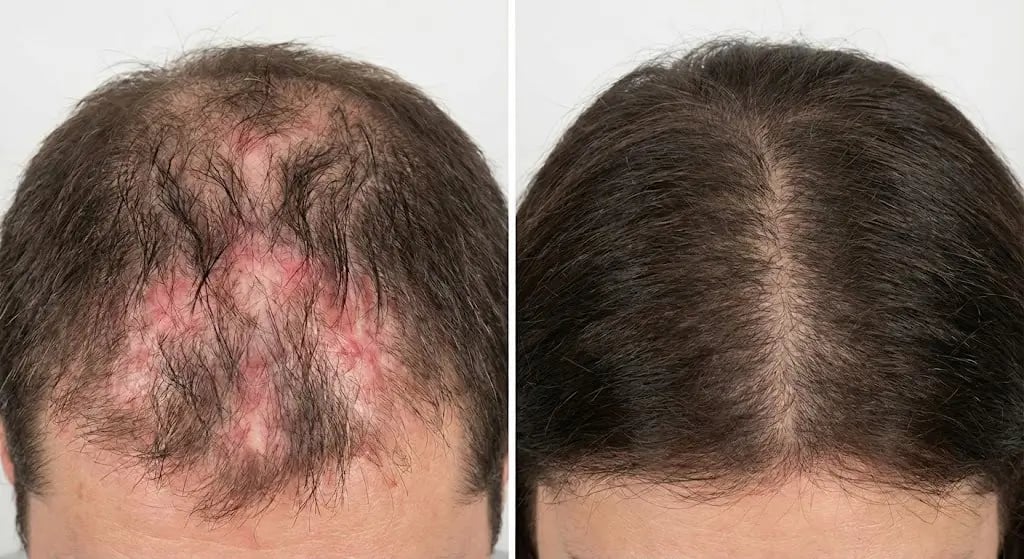 Ultra-realistic medical before-and-after image showing lupus-related hair loss Ultra-realistic medical before-and-after image showing lupus-related hair loss