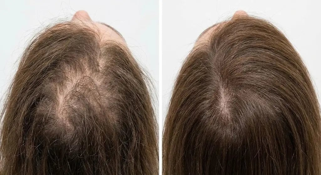 Ultra-realistic medical before-and-after image showing perimenopause-related hair thinning