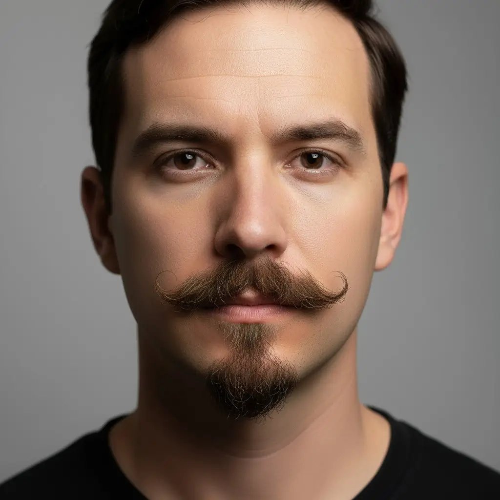 Van Dyke Ritratto ravvicinato di un uomo con barba Van Dyke, che mostra la consistenza, la densità e la forma naturali. Illuminazione realistica e sfondo da studio che evidenzia i contorni e i dettagli della cura dello stile della barba.