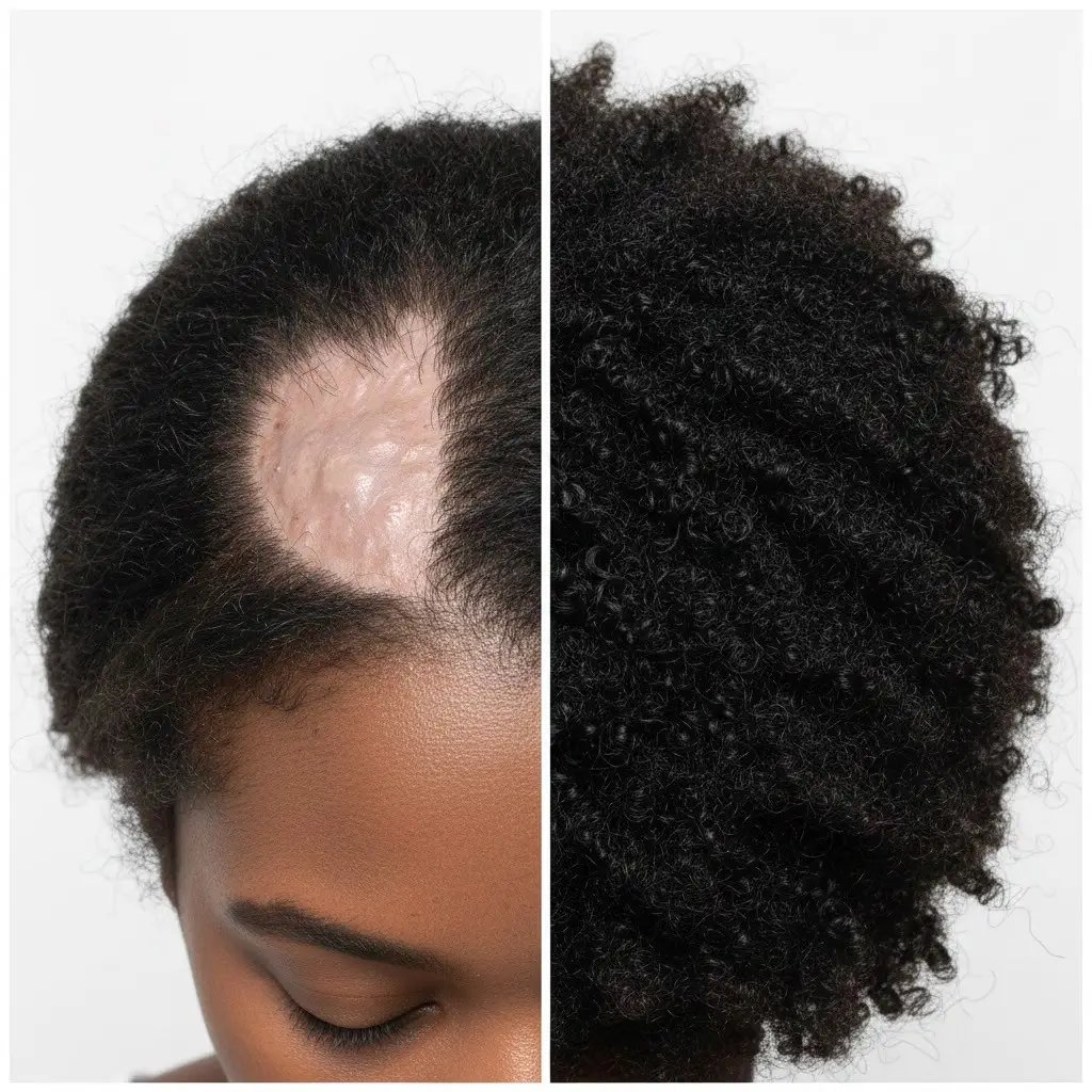 Un’immagine comparativa prima e dopo mostra chiaramente l’aspetto dei capelli nelle diverse fasi della patologia.