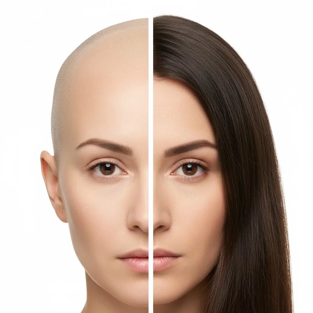 What Does Hair Look Like Before and After Having Alopecia Totalis Comparative before and after picture showing what hair looks like before and after having alopecia totalis