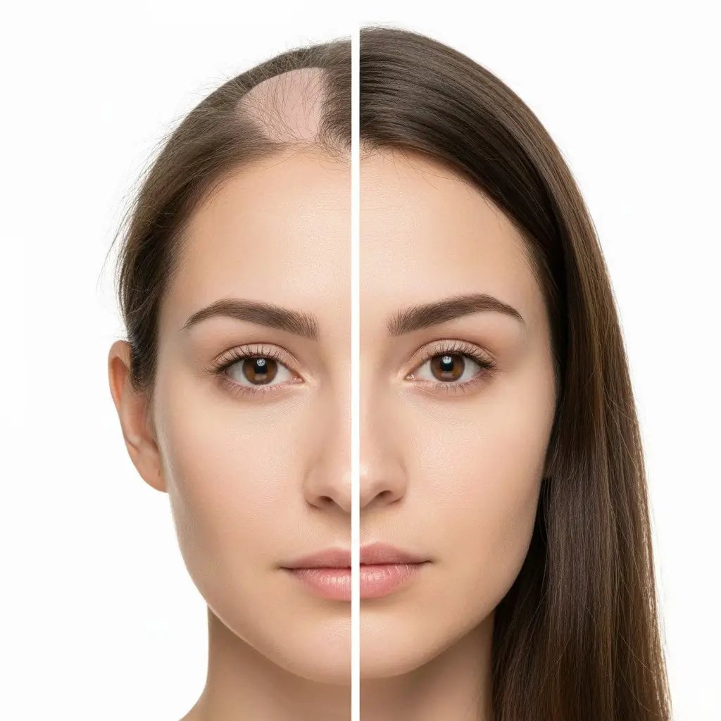 What Does Hair Look Like Before and After Having Anagen Effluvium Comparative before and after picture showing what hair looks like before and after having anagen effluvium