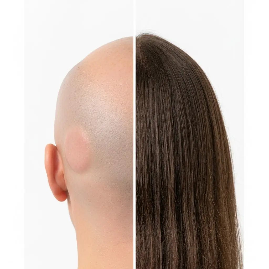 Imagem comparativa antes e depois, mostrando como fica o cabelo antes e depois de ter alopecia não cicatricial. Enfraquecimento difuso à esquerda, densidade total à direita