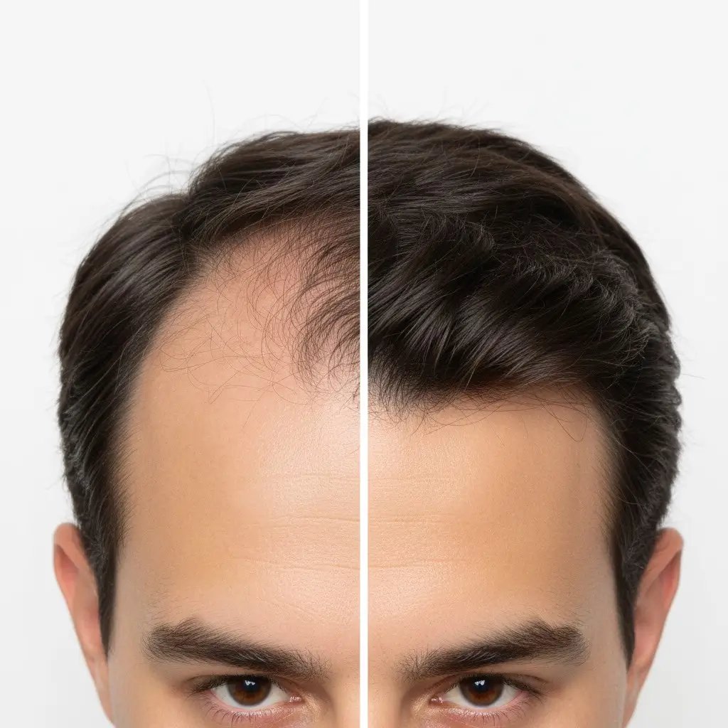 Diffuse miniaturization, widened part, thinning at crown + temples