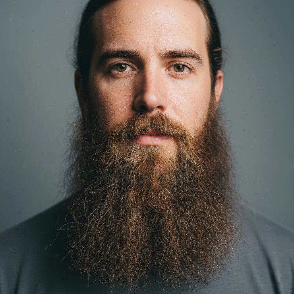 Barba lunga Ritratto ravvicinato di un uomo con barba Yeard, che mostra consistenza, densità e forma naturali. Illuminazione realistica e sfondo da studio che evidenzia i contorni e i dettagli della cura dello stile della barba.
