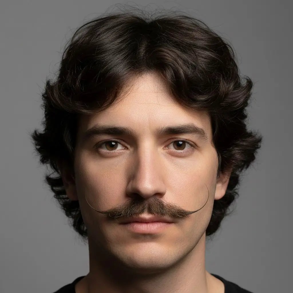dali Moustache template: Ultra-detailed close-up portrait of a male patient featuring a Dali mustache result after transplant.
