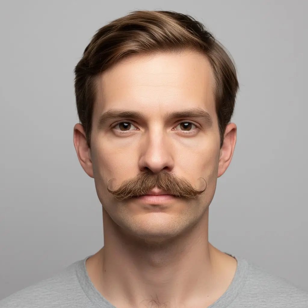english Moustache template: Ultra-detailed close-up portrait of a male patient featuring a English mustache result after transplant.