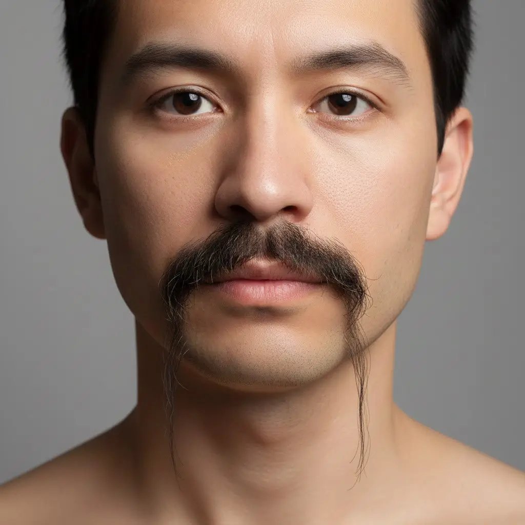 fu manchu Moustache template: Ultra-detailed close-up portrait of a male patient featuring a Fu Manchu mustache result after transplant.
