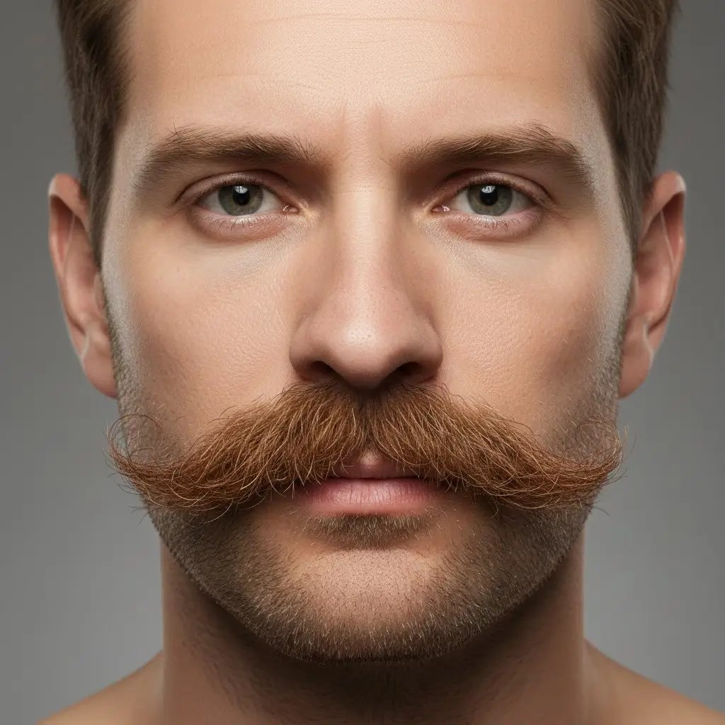 hungarian.25 Moustache template: Ultra-detailed close-up portrait of a male patient featuring a Hungarian mustache result after transplant.