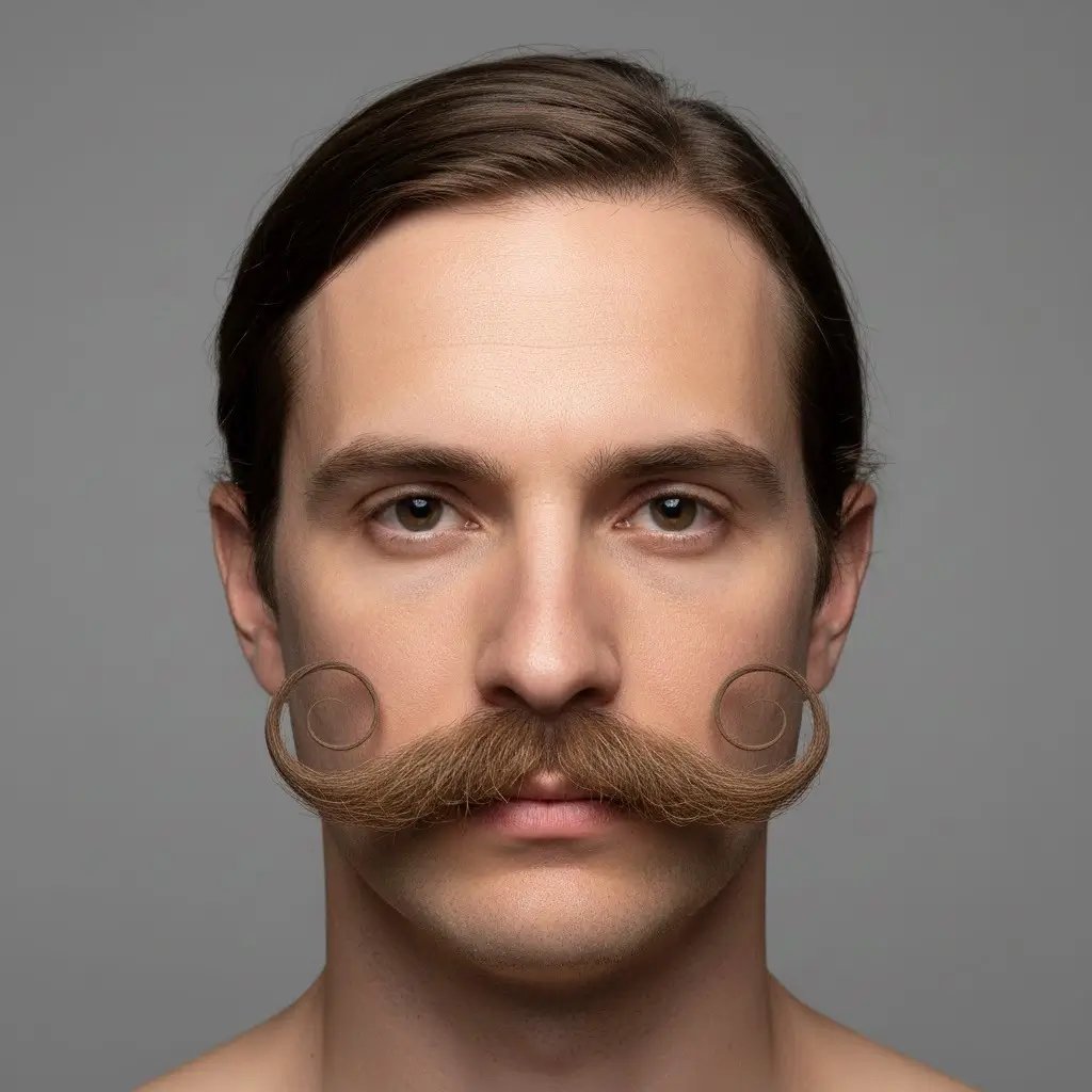 imperial Moustache template: Ultra-detailed close-up portrait of a male patient featuring a Imperial mustache result after transplant.