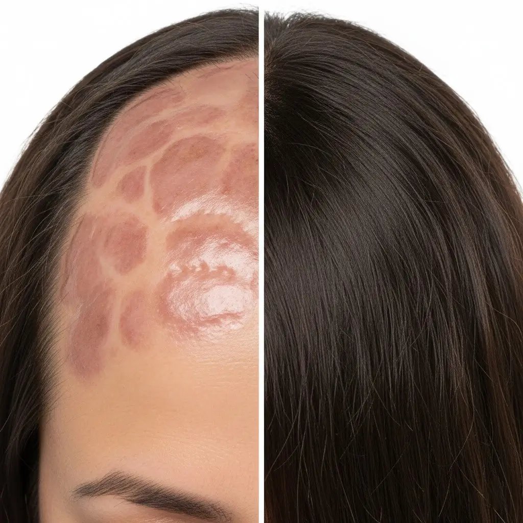 scarring alopecia Comparative before and after picture showing what hair looks like before and after having scarring alopecia. Smooth shiny patches on the left, normal scalp on the right