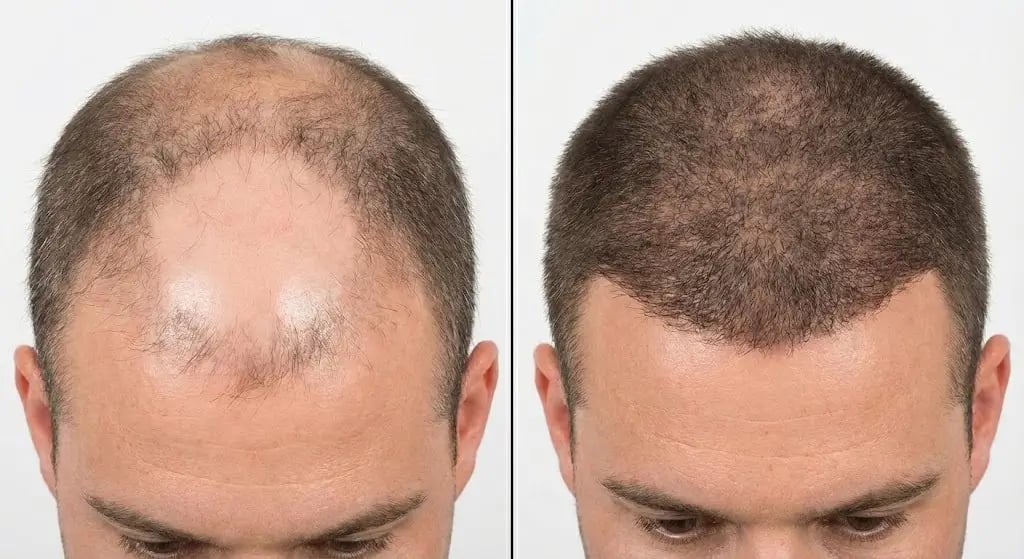 Ultra-realistic clinical before-and-after image showing radiation therapy–related hair loss and post-transplant outcome Ultra-realistic clinical before-and-after image showing radiation therapy–related hair loss and post-transplant outcome