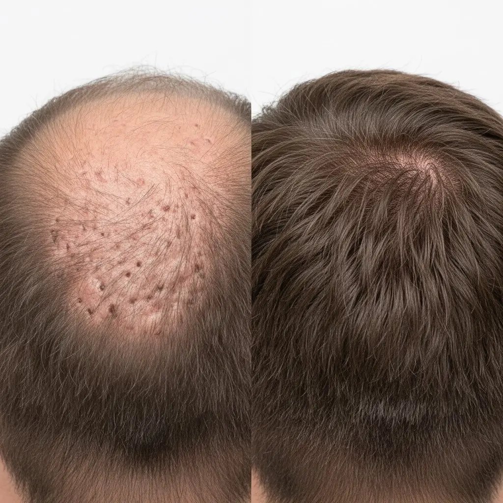 Area donatrice danneggiata Foto clinica affiancata che confronta un trapianto di capelli fallito che mostra un'area donatrice danneggiata con un risultato ideale di successo. Il lato sinistro illustra chiaramente la complicanza, mentre il lato destro mostra una crescita dei capelli densa e naturale con illuminazione e inquadratura identiche per un confronto medico.