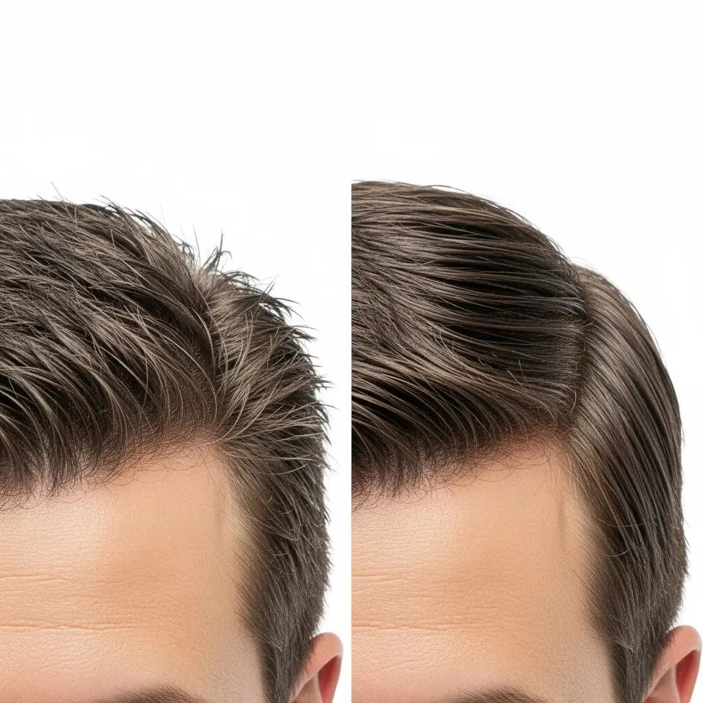 Angolo dei capelli errato Foto clinica affiancata che confronta un trapianto di capelli fallito che mostra un angolo e una direzione dei capelli errati con un risultato ideale e riuscito. Il lato sinistro illustra chiaramente la complicanza, mentre il lato destro mostra una crescita dei capelli densa e naturale con illuminazione e inquadratura identiche per un confronto medico.