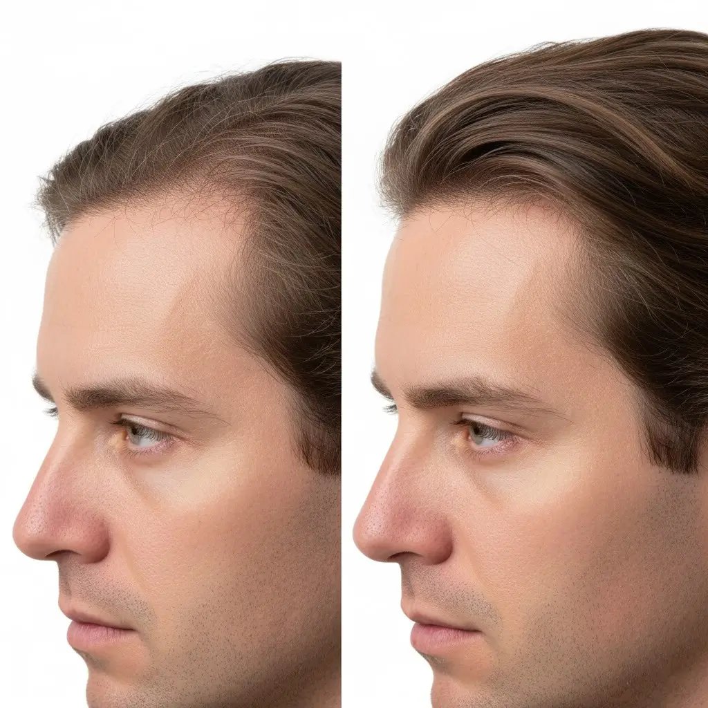 Bassa densità Foto clinica affiancata che confronta un trapianto di capelli fallito che mostra bassa densità e cuoio capelluto trasparente con un risultato ideale di successo. Il lato sinistro illustra chiaramente la complicanza, mentre il lato destro mostra una crescita dei capelli densa e naturale sotto un'illuminazione e un'inquadratura identiche per il confronto medico.