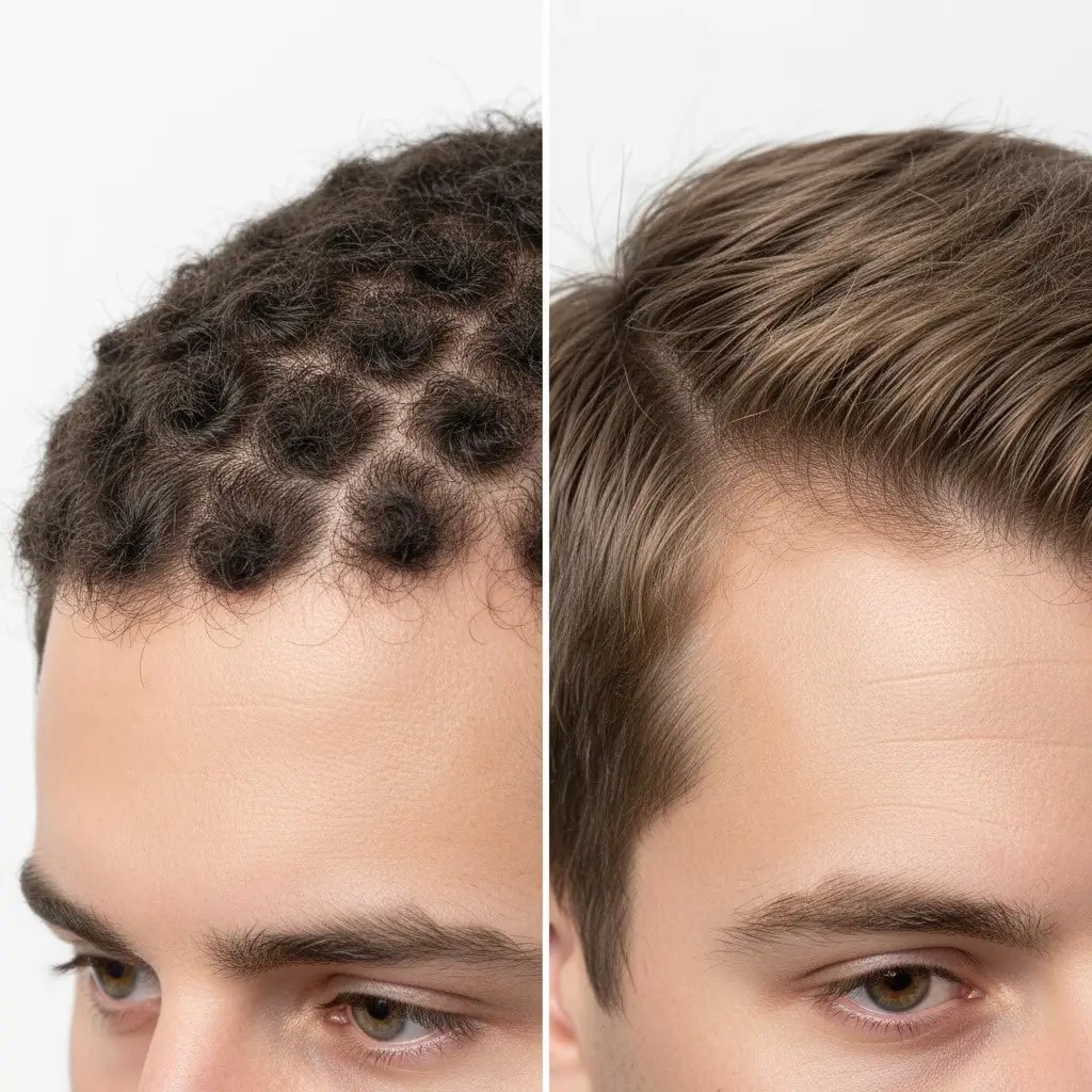 innesti innaturali cornrows Foto clinica affiancata che confronta un trapianto di capelli fallito che mostra “ciuffi” o “treccine” innaturali con un risultato ideale di successo. Il lato sinistro illustra chiaramente la complicanza, mentre il lato destro mostra una crescita dei capelli densa e naturale con illuminazione e inquadratura identiche per un confronto medico.