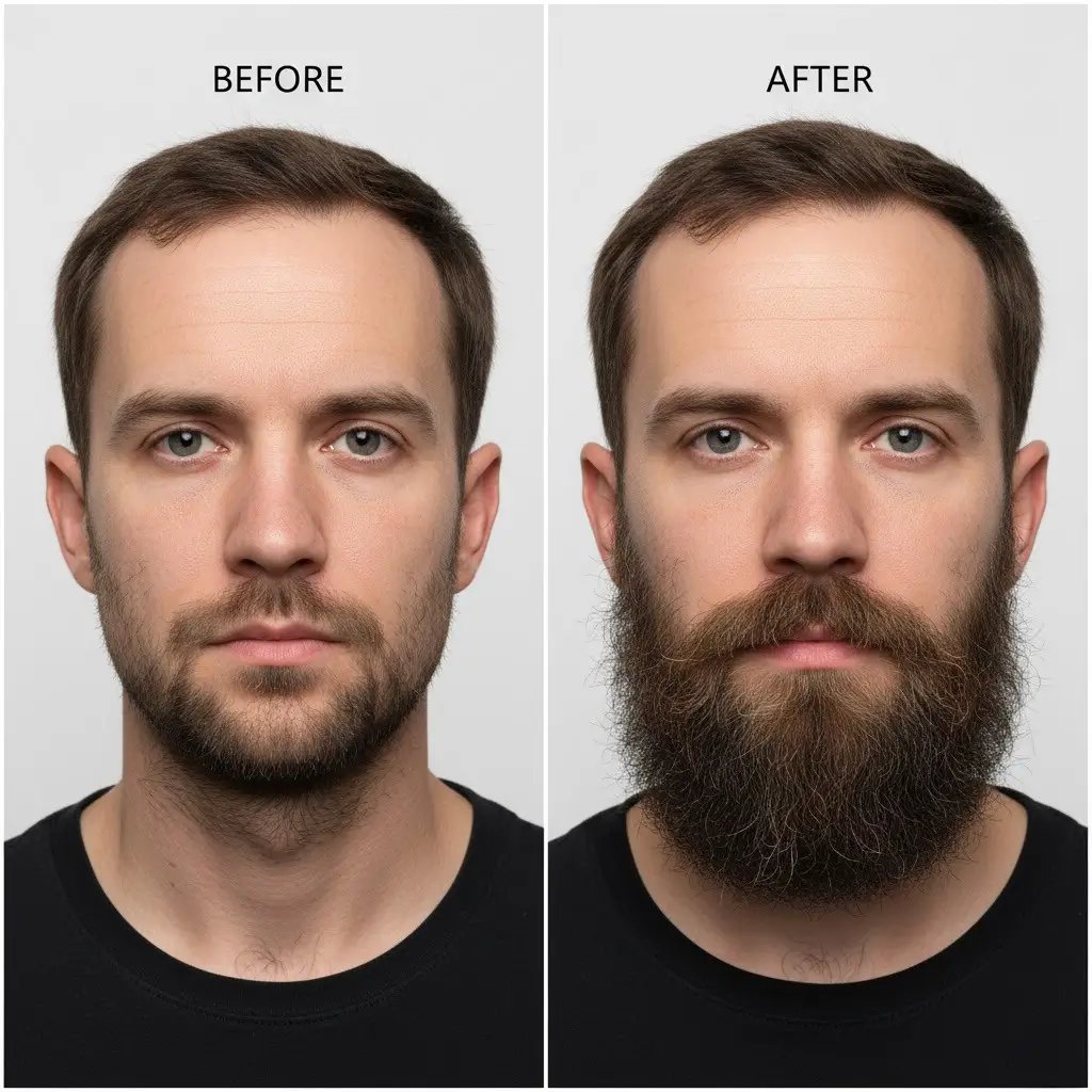 Beard Transplant Before and After Close-up portrait of a person with a Full Beard moustache, showing natural texture, thickness, and shape under neutral studio lighting. The image highlights realistic facial hair growth, grooming details, and contour of the upper lip.