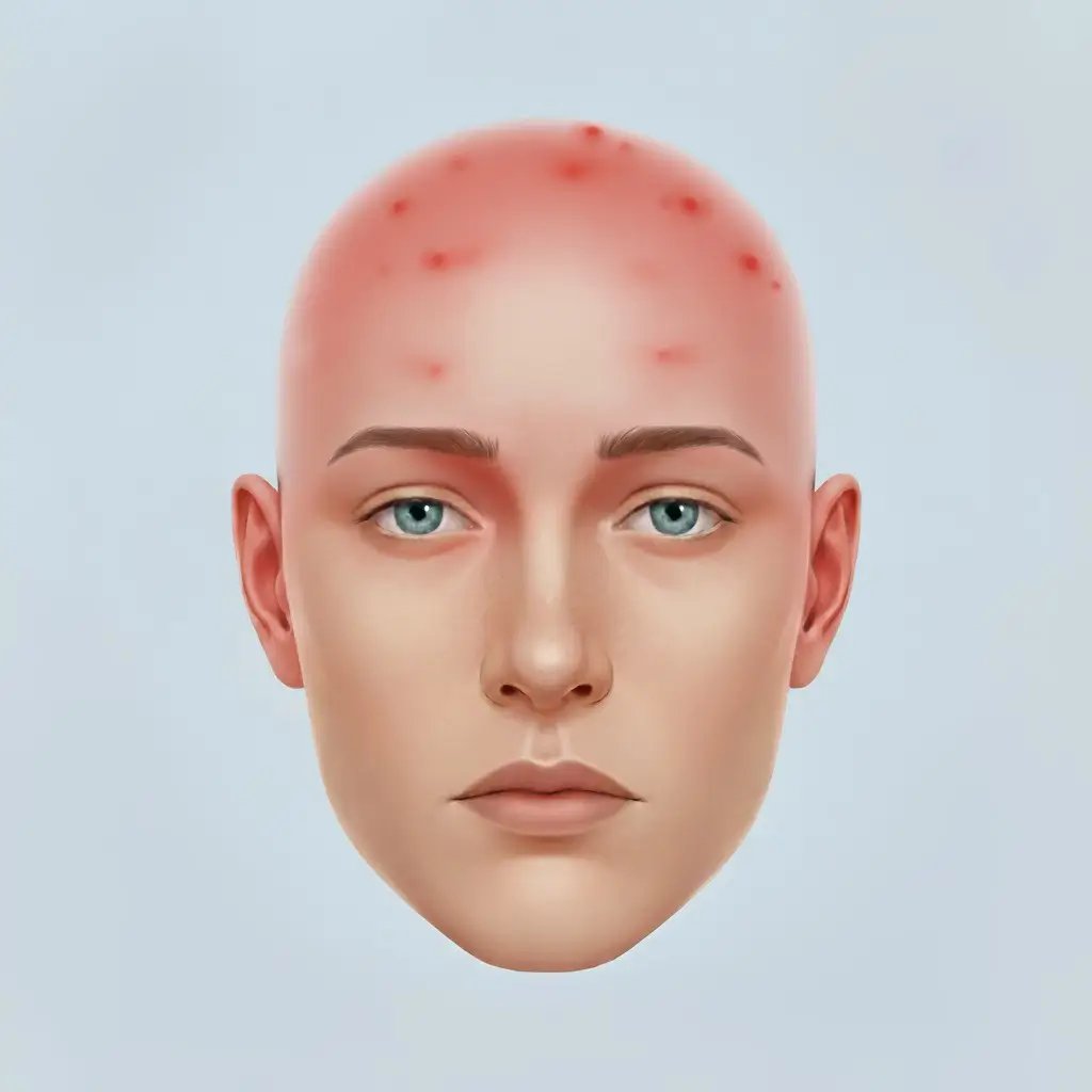 Clinical illustration showing Infections after a hair transplant, highlighting realistic scalp texture, localized reaction, and medical accuracy. Professional lighting and clean background designed for educational use.
