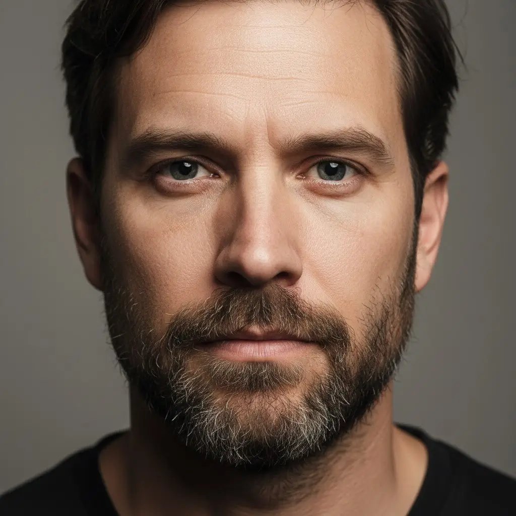Stubble Close-up portrait of a man with a Stubble Beard Transplant beard, showing natural texture, density, and shape. Realistic lighting and studio background highlighting the contours and grooming details of the beard style.