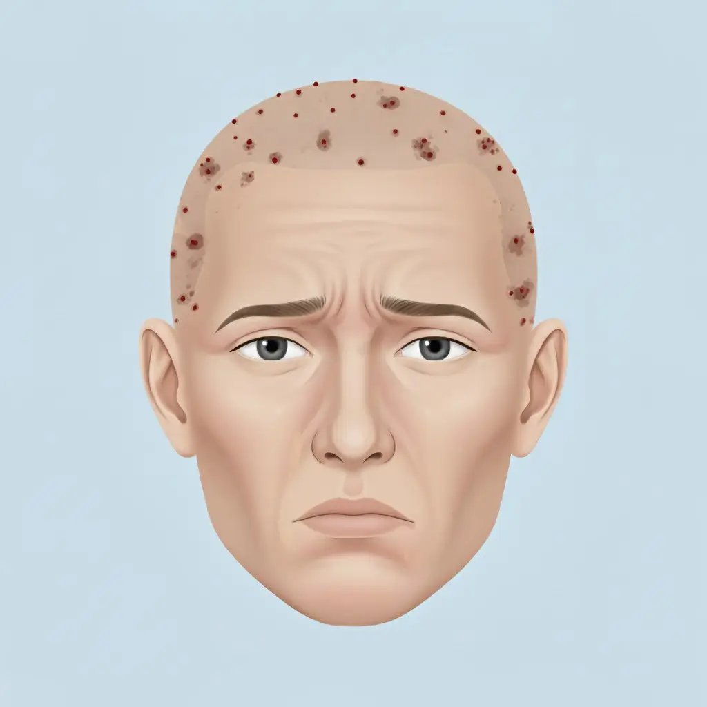 Clinical illustration showing Bleeding after a hair transplant, highlighting realistic scalp texture, localized reaction, and medical accuracy. Professional lighting and clean background designed for educational use.