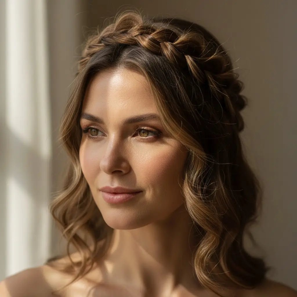 Trenza corona estilo halo que circunda el cráneo.