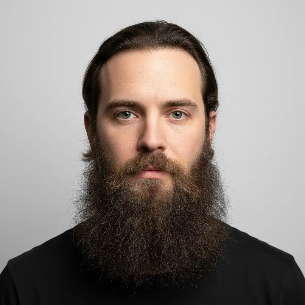 Close-up portrait of a man with a Chin Strap / Curtain  Beard, showing natural texture, density, and shape. Realistic lighting and studio background highlighting the contours and grooming details of the beard style.