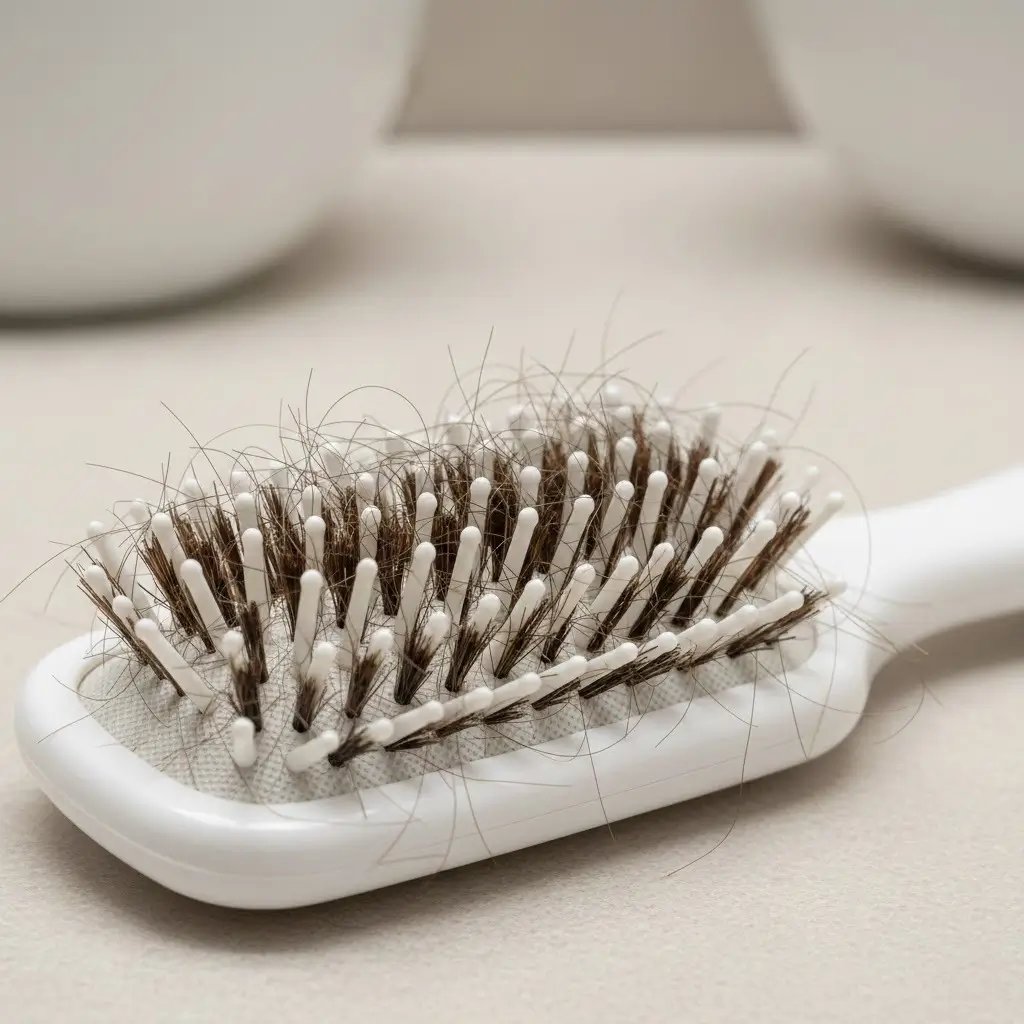 Macro close-up of a hairbrush containing uniformly shed short hair shafts typical of early post-transplant shedding.