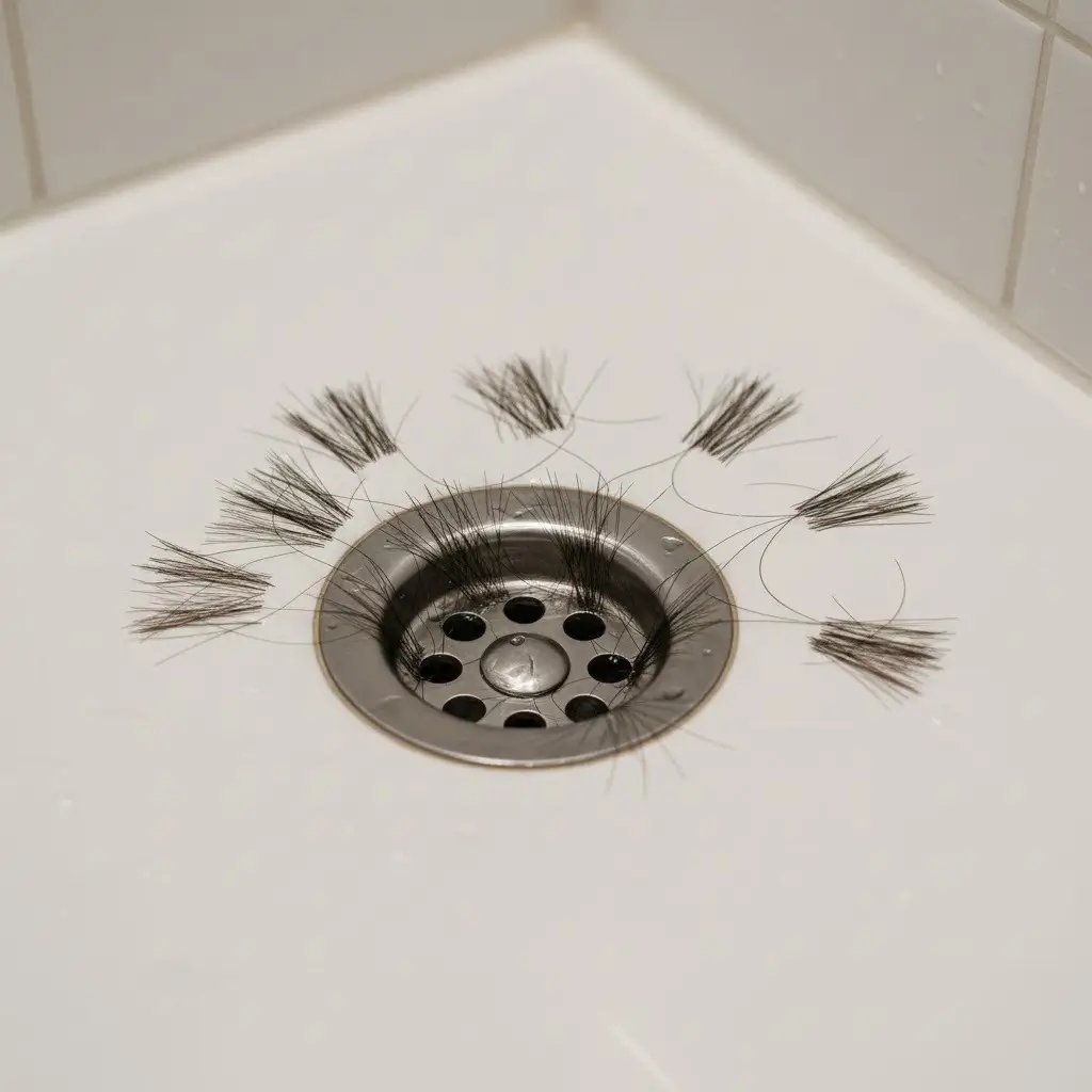 Ultra-realistic clinical lifestyle photograph of normal post-transplant hair shedding in shower conditions.