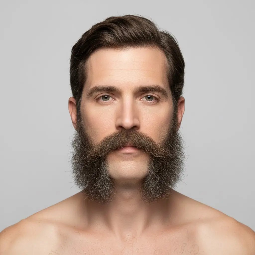 Close-up portrait of a man with a Mutton Chops / Friendly Mutton Chops Beard, showing natural texture, density, and shape. Realistic lighting and studio background highlighting the contours and grooming details of the beard style.