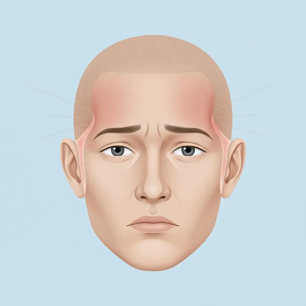 Clinical illustration showing Pain after a hair transplant, highlighting realistic scalp texture, localized reaction, and medical accuracy. Professional lighting and clean background designed for educational use.