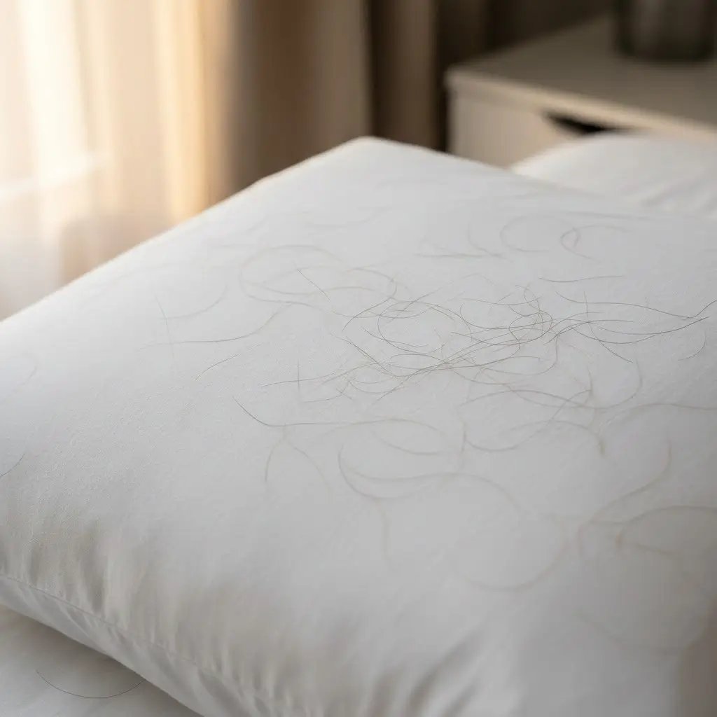 Photoreal close-up of a clean pillowcase with a small, even scatter of short transplanted hairs during normal shedding phase after a hair transplant.