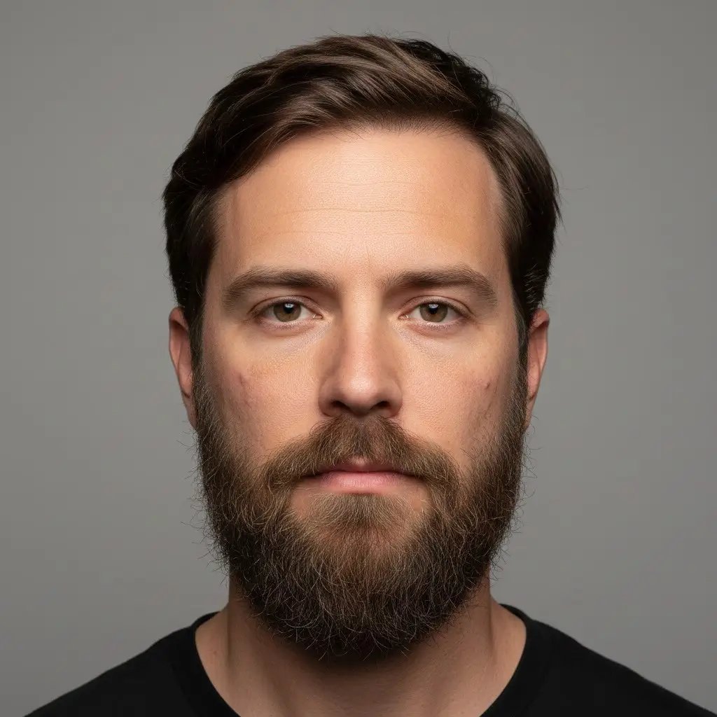 Close-up portrait of a man with a Scar Camouflage Beard, showing natural texture, density, and shape. Realistic lighting and studio background highlighting the contours and grooming details of the beard style.