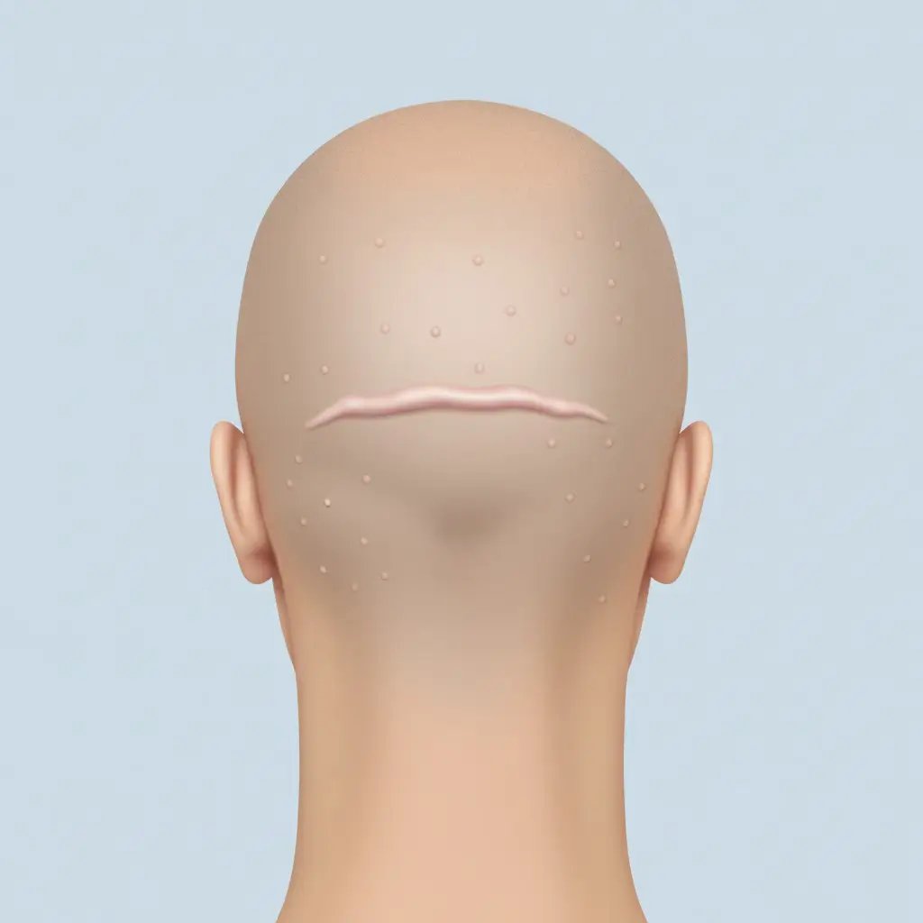 Clinical illustration showing Scarring after a hair transplant, highlighting realistic scalp texture, localized reaction, and medical accuracy. Professional lighting and clean background designed for educational use.