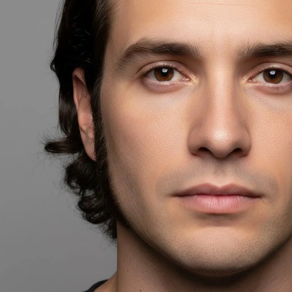 Close-up portrait of a man with a Sideburn Restoration Beard, showing natural texture, density, and shape. Realistic lighting and studio background highlighting the contours and grooming details of the beard style.