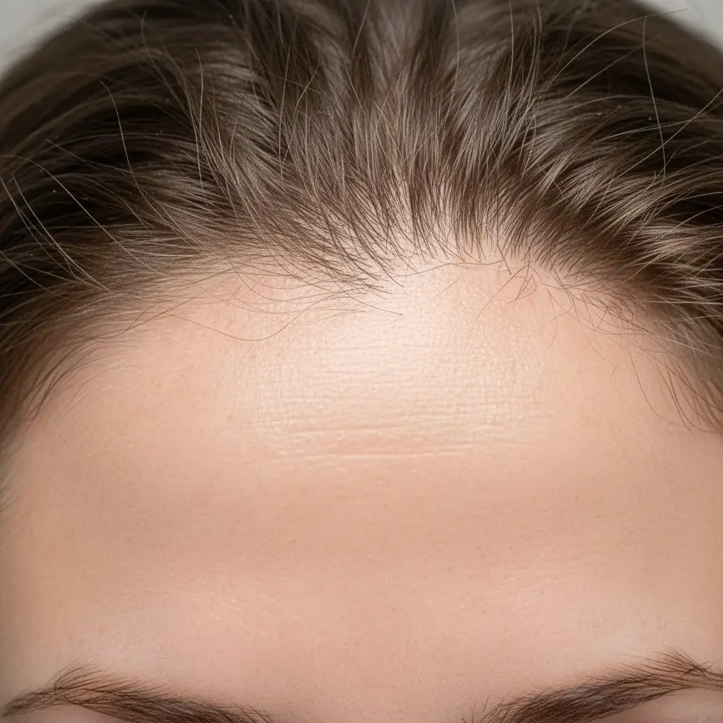 Clinical portrait crop of the recipient hairline and mid-scalp showing even temporary thinning consistent with the shedding phase.