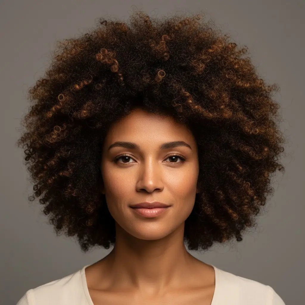 Peinado afro natural con forma redondeada y volumen
