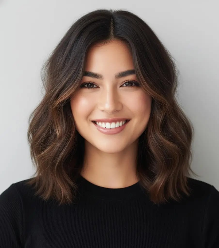 Cabello de longitud media con flequillo cortina suave que enmarca el rostro