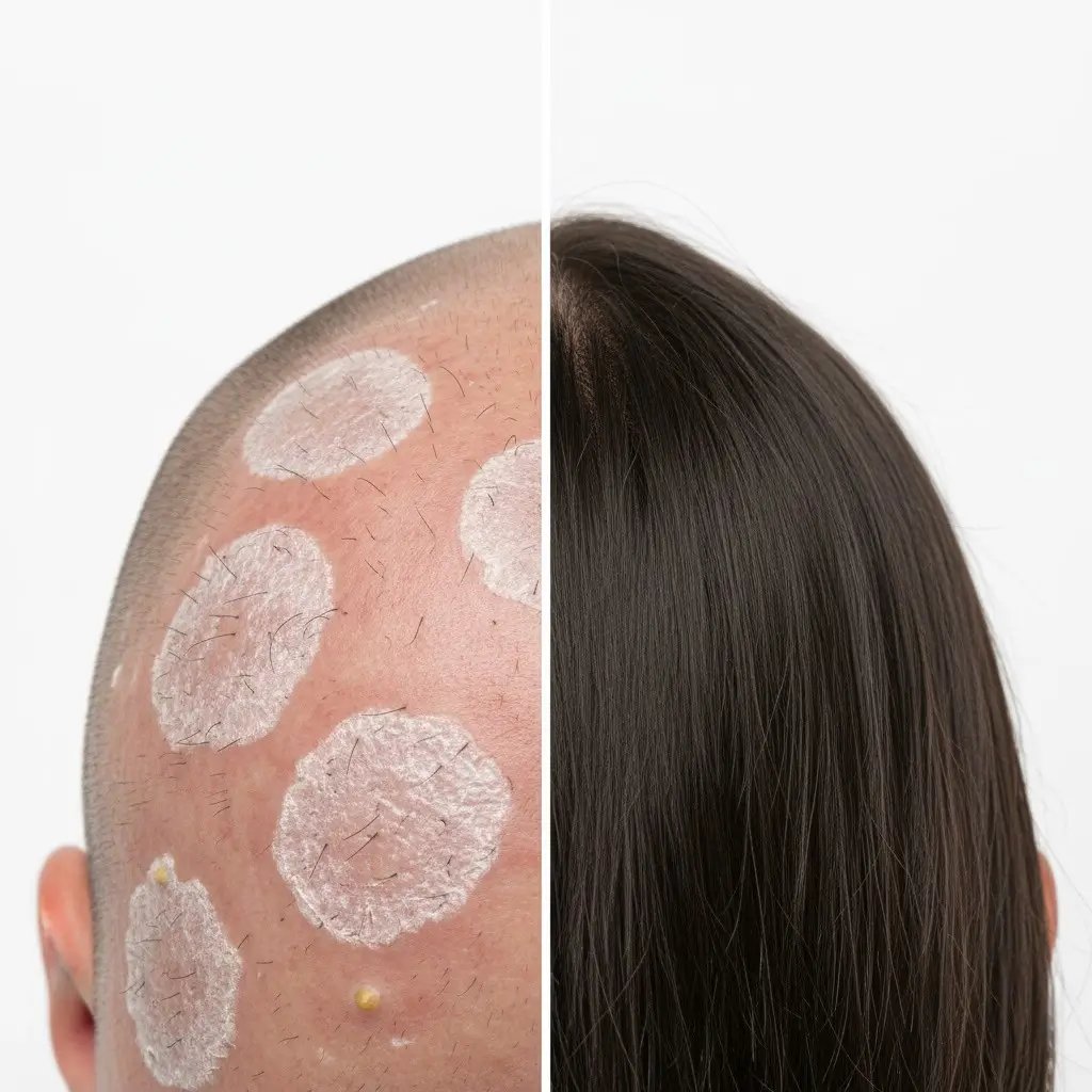 Flaky scaling, circular patches of broken hairs (“black dots”), mild redness, sometimes pustules